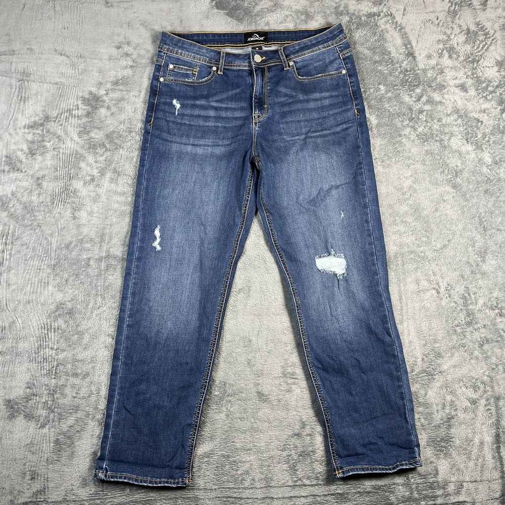 Jordache Jeans Womens 10 Blue Whiskered Denim Distressed Tapered Leg Medium Wash